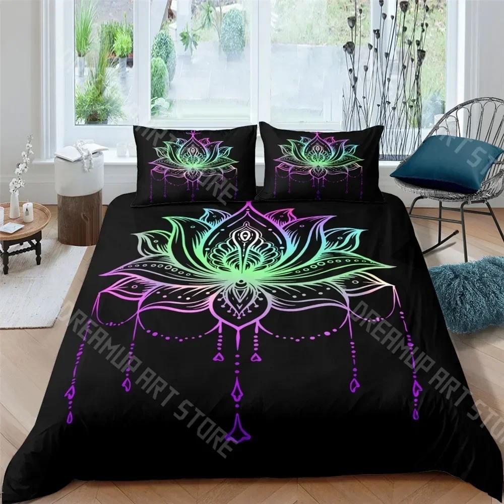 Bohemian Lotus 3pcs Bed Set Duvet Cover Set Mandala Flower Quilt Cover Adult Black Polyester Bedding Set Queen King Twin Te