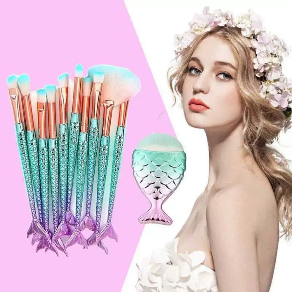 BAOQISHAN Mermaid Makeup Brush Set for Lip and Kabuki Beauty Brushes with Pink Pouch 11-Piece Foundation, Powder, Cream, Eyebrow, Eyeshadow, Eyeliner,