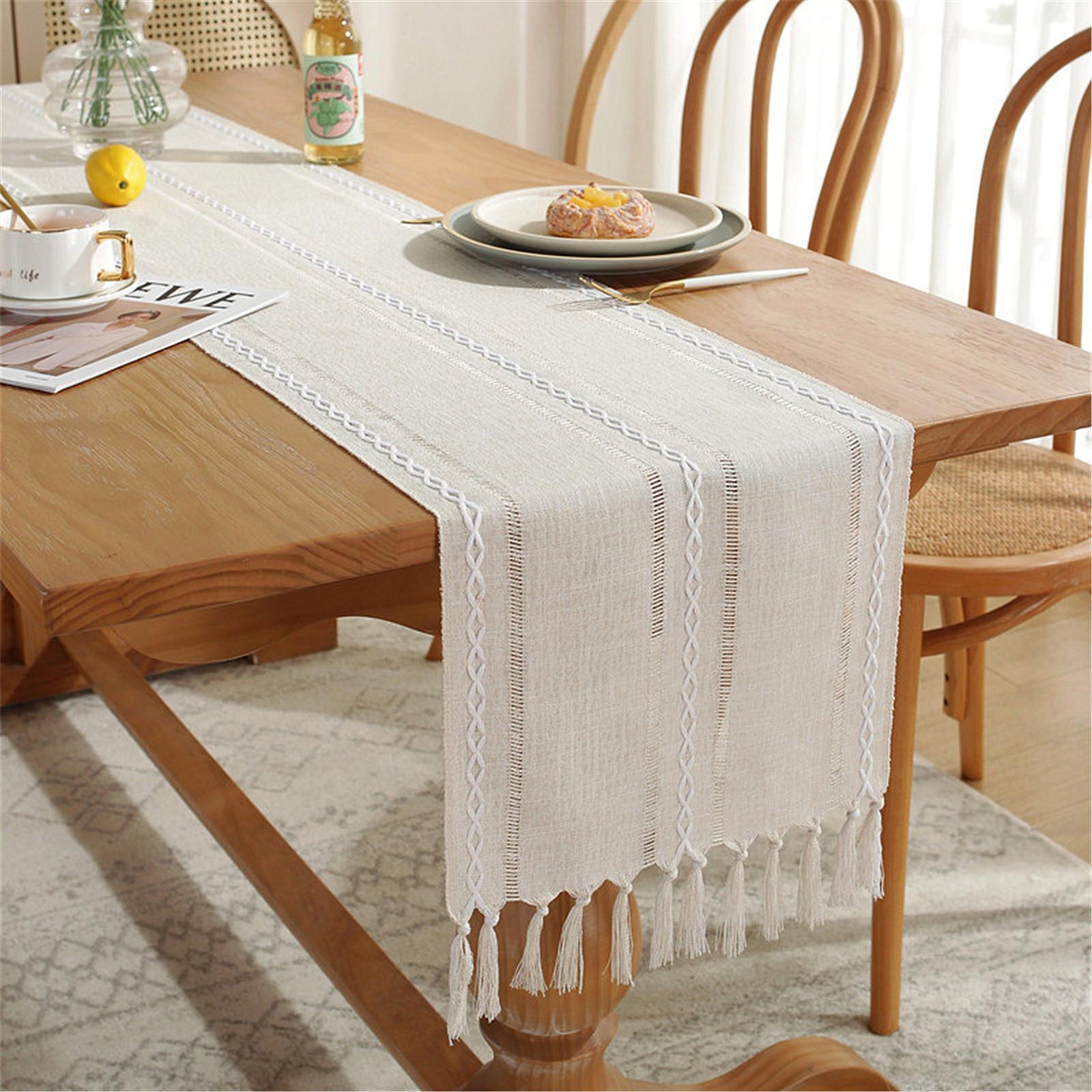 

Household Table Runners With Tassels Country Style Solid Color Hand woven Hollow Table Cover 33 X 183cm Beige