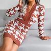 Autumn Winter Women Houndstooth Knitted Dress V Neck Long Sleeve High Waist Pack Sizes S To L