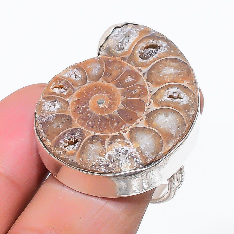 Natural Ammonite Fossil Gemstone 925 Sterling Silver Jewelry Ring Size 9.5 P7z41