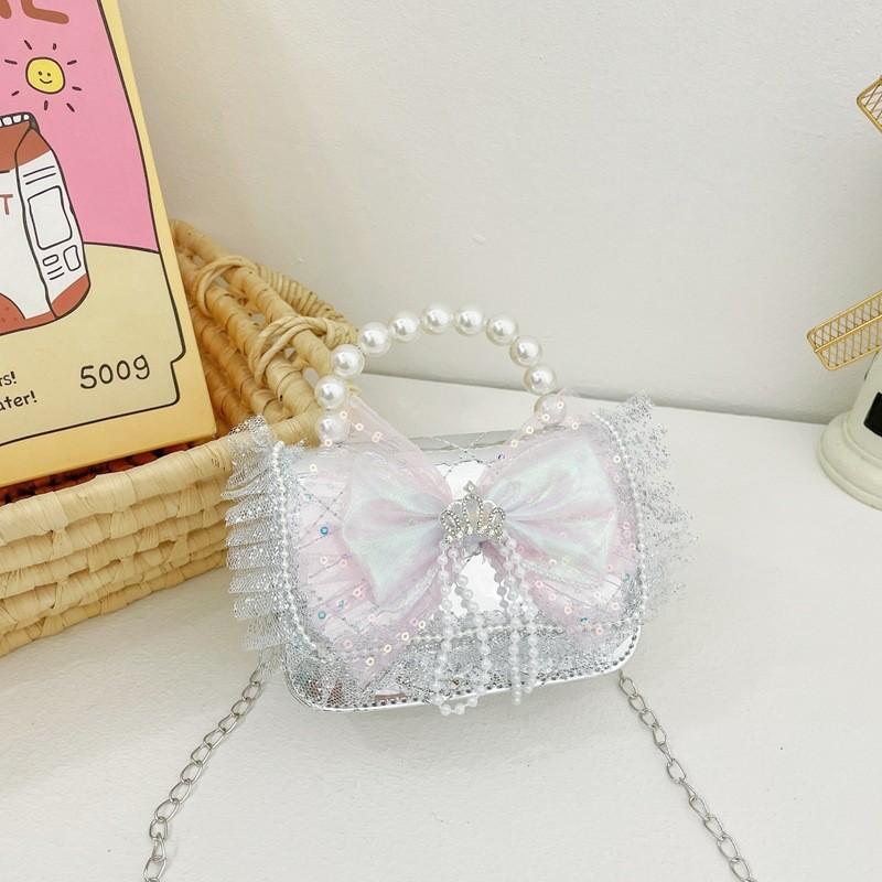 Stylish Children's Quilted Pearl Handbag With Lace And Bowknot For Girls Everyday Fashion
