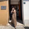 Temperament brown kinked sleeveless vest dress women's summer design long dress v-neck waist thin a-word skirt