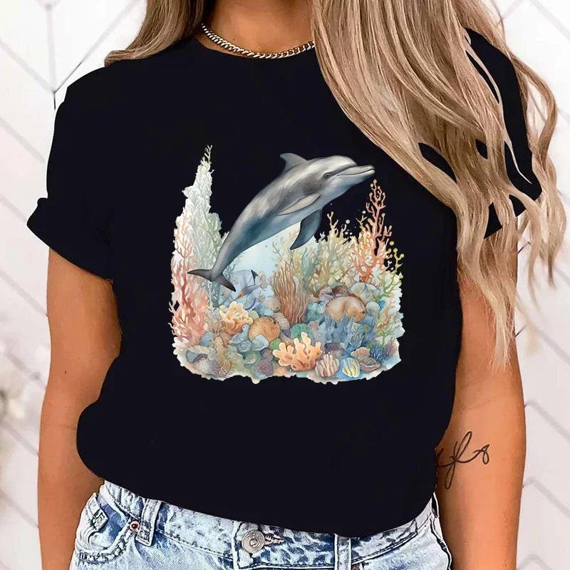 Premium T-shirt Funny Dolphin Print T-Shirts For Women Summer Round Neck Tee Shirt Femme Fashion Casual T-Shirts Fast Delivery