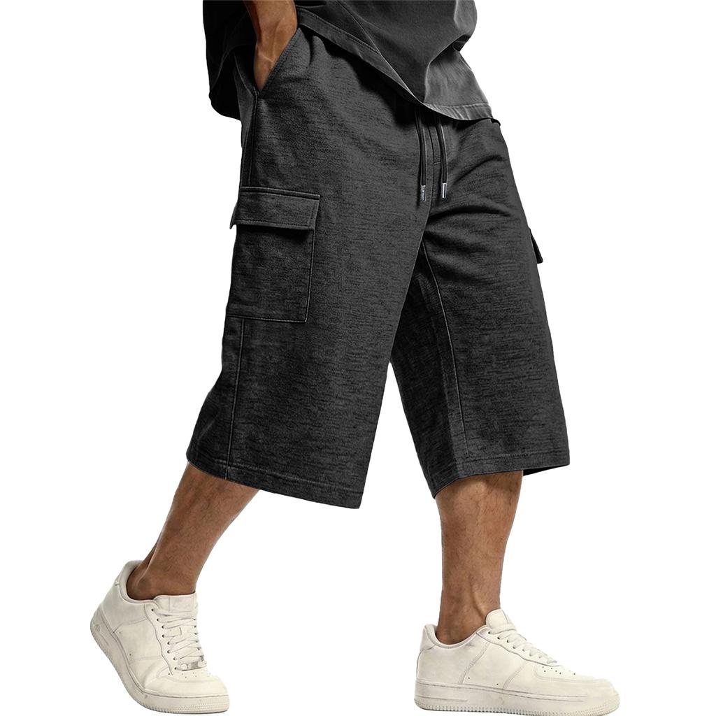 Men's Casual Drawstring Cargo Shorts Knee Length Loose Fit Lightweight Breathable Fabric with Multiple Pockets for Everyday Wear