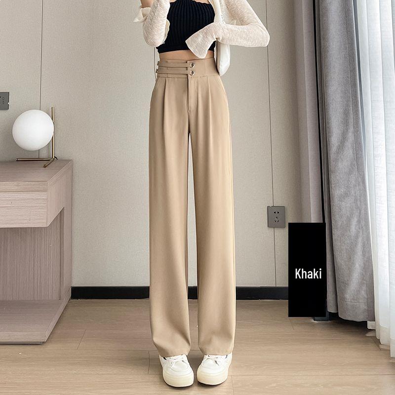 Women's Khaki Wide Leg Ice Silk High Waist Summer Pants