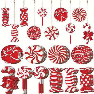 20 peças de doces vermelhos de natal conjunto de madeira decoração de presente pingente árvore de natal lareira janela pingente suprimentos para festa de natal
