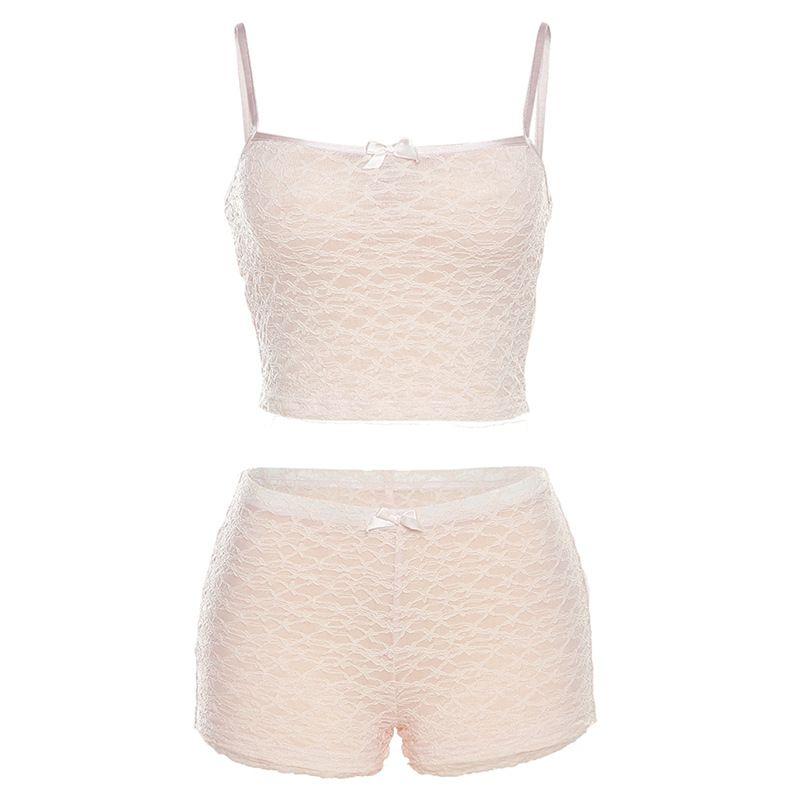 

Strap Lace Vest High Waisted Shorts Set Sling Lace Vest Shorts Set Pink S