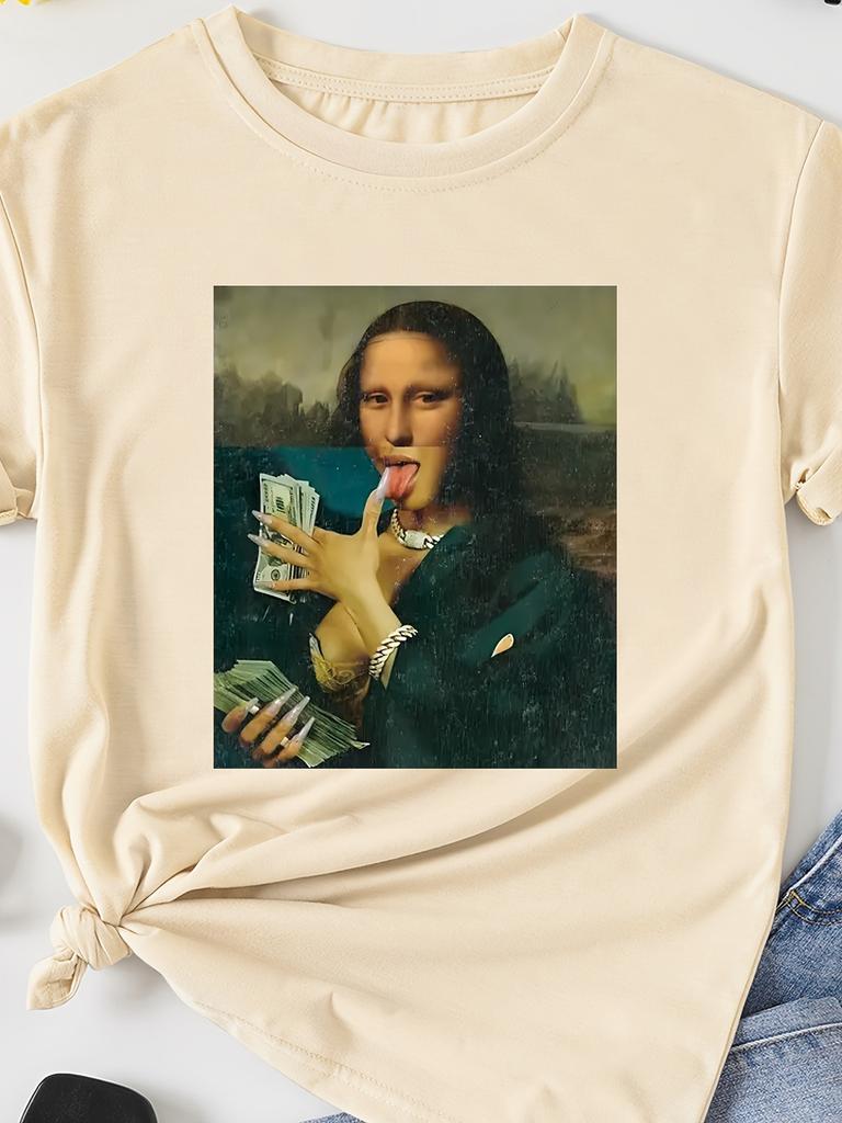 Tricou Damă Parodie Mona Lisa Cash - Grafică Artistică Amuzantă, Top Negru Casual