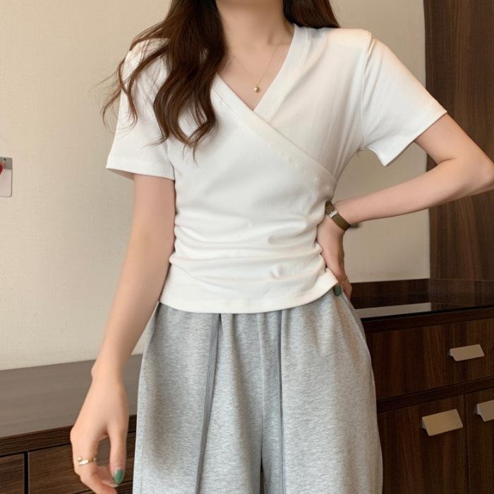 

Milk silk, cross v-neck short-sleeved t-shirt for women s summer slim-fitting and thin short models M белый