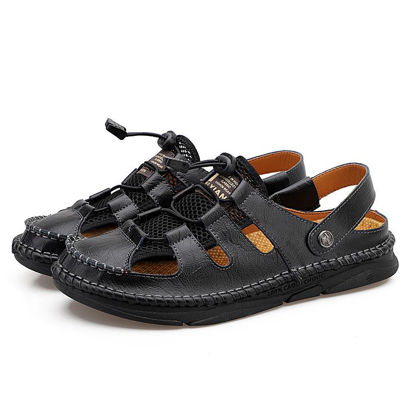 

2025 новые летние сшитые сандалии для мальчиков с липучками на ступнях и головных уборах, повседневные трендовые сандалии большого размера, модная обувь 38 чёрный