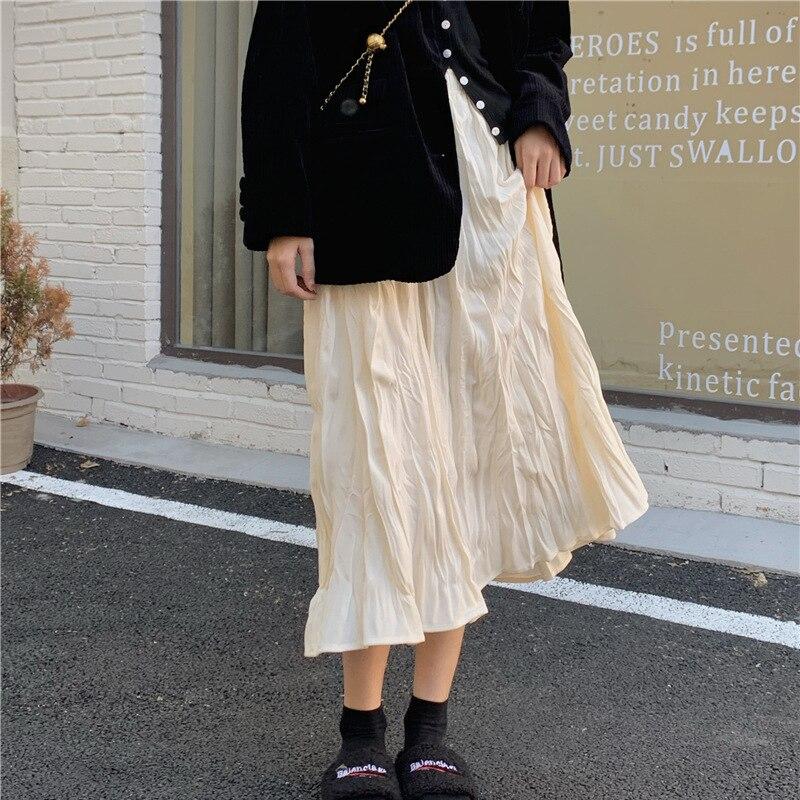 Elegant Versatile Pleated Skirt Women Fashion Solid Loose Pleated A-line Skirts Casual Elastic Waist Skirt Female Clothing 25930