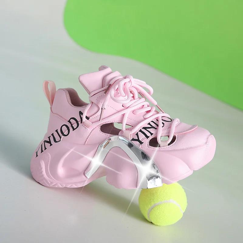 Fashion Summer Shiny Sequins Chunky Platform Sneakers Women Breathable Lace Up Height Increase Shoes Woman Fashion Cute Pink Sneakers