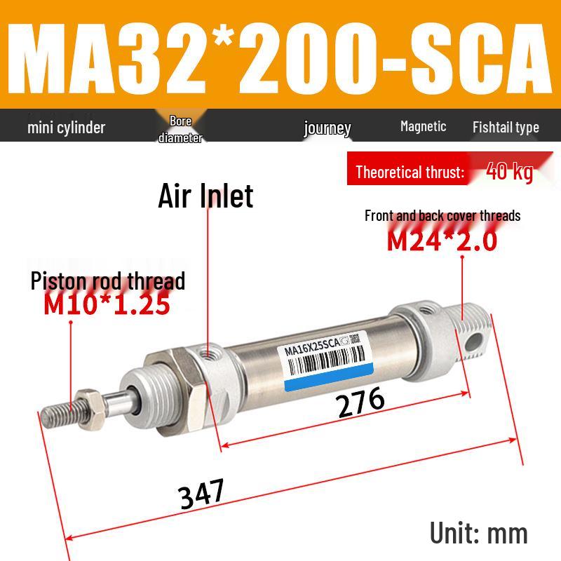 Mini Stainless Steel Pneumatic Cylinder MA Series (16-40mm Bore, 50-200mm Stroke)