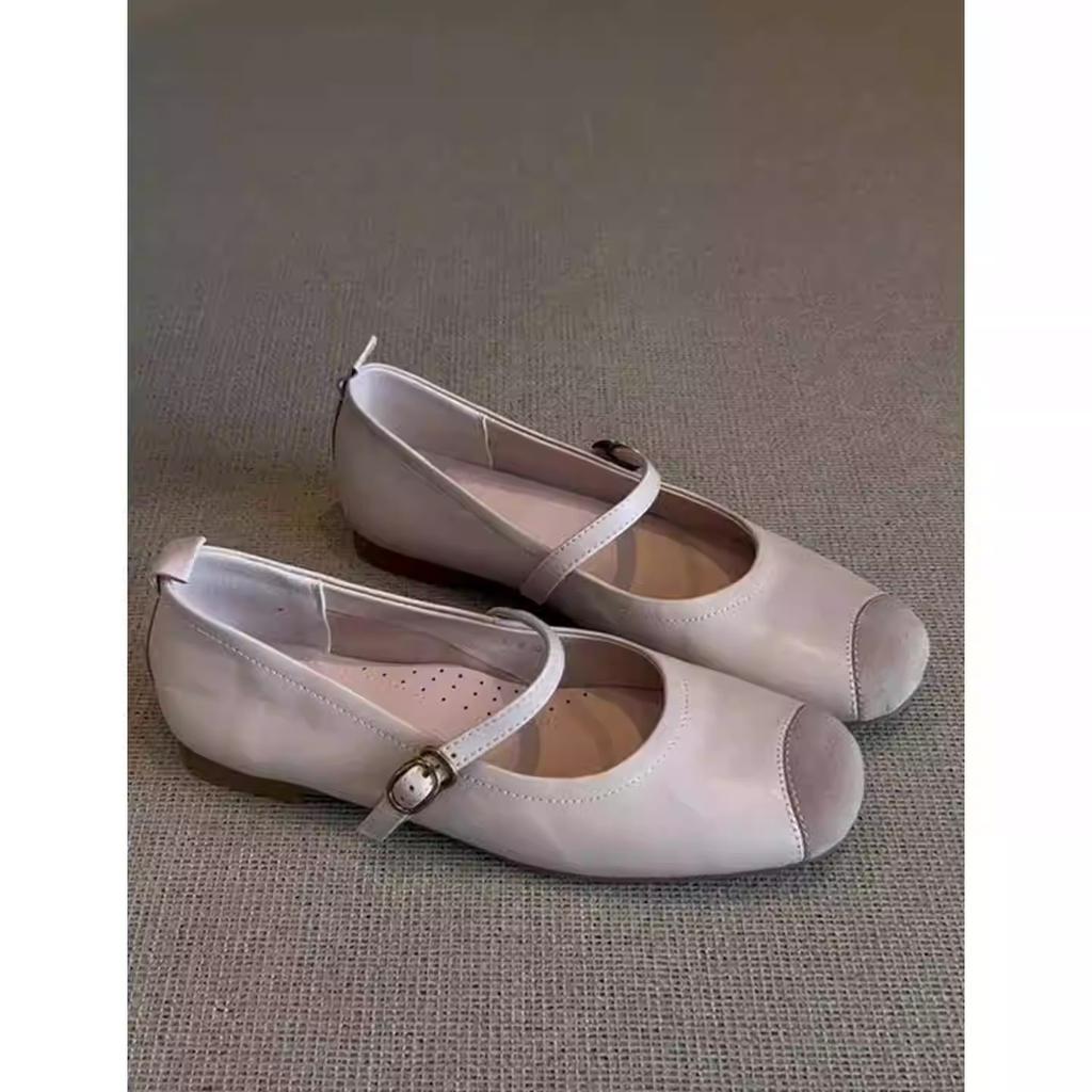 Cowhide version~ French retro single shoes women's summer gentle skirt evening shoes flat one word with ballet Mary Jane shoes