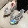 Slippers Women Transparent High Heel Sexy Colorful Rhinestone Bow Outside Wear Spring New Stiletto Shoes