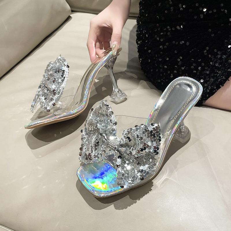 Slippers Women Transparent High Heel Sexy Colorful Rhinestone Bow Outside Wear Spring New Stiletto Shoes
