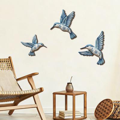Wood Hummingbird Wall Art Vintage Flying Blue Bird Sculpture Rustic Wall Hanging Decoration for Home Bedroom Living Room Decor
