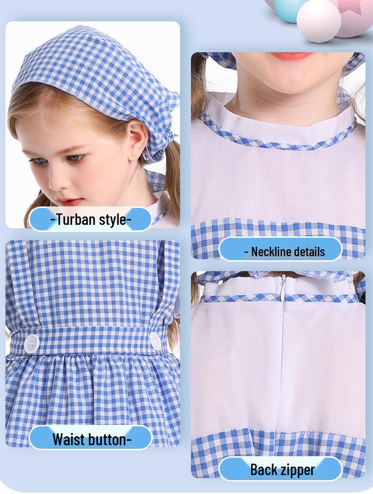 Blue Plaid Halloween Cosplay Costume for Kids with Headscarf & Skirt