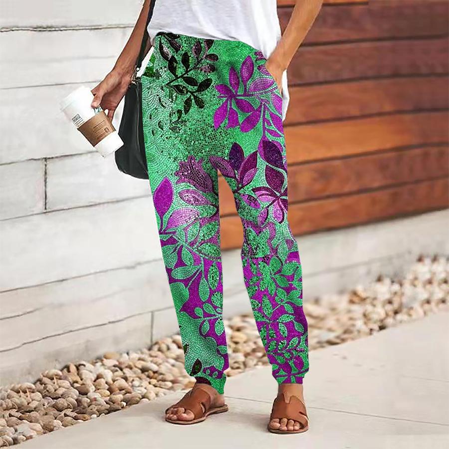 Damen Hosen mit Blätterdruck Schnürung Elastischer Bund Locker Lange Freizeithose Hose mit Taschen