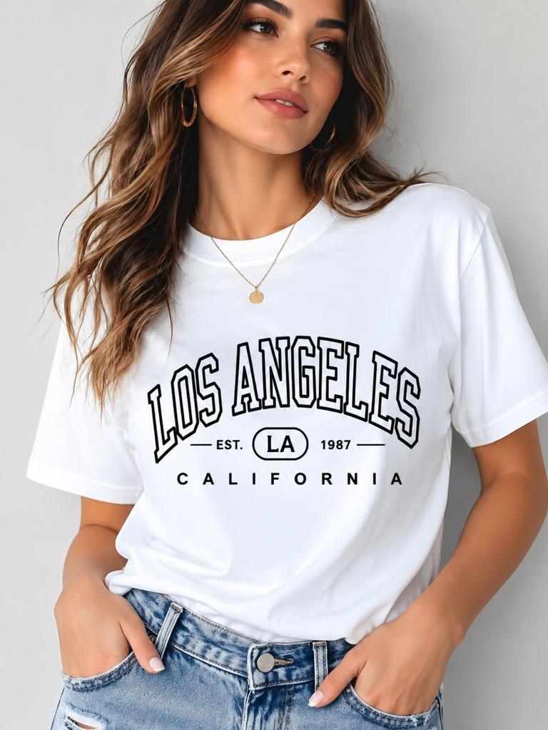 Fashionable And Versatile Letter Los Angeles Printed Short Sleeve T Shirt Unisexs Trendy And Casual Style Tops Clothes Female