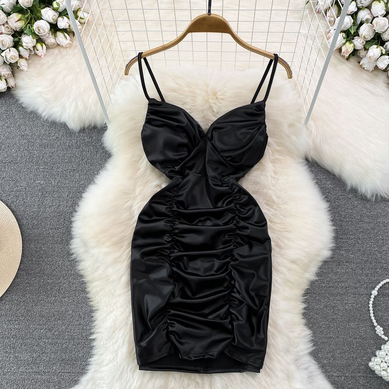 

Ruched Summer Sexy Satin Sling Dress Acetic Acid Black L