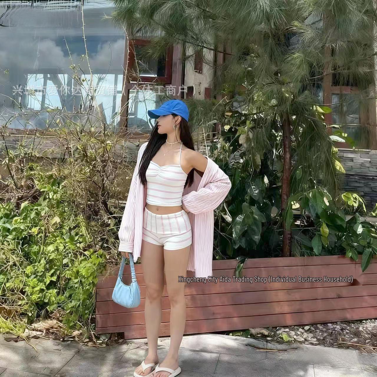 Корейский сине-полосатый бикини с завязками на шее - С высокой талией, Сексуальный купальник для горячих источников Large