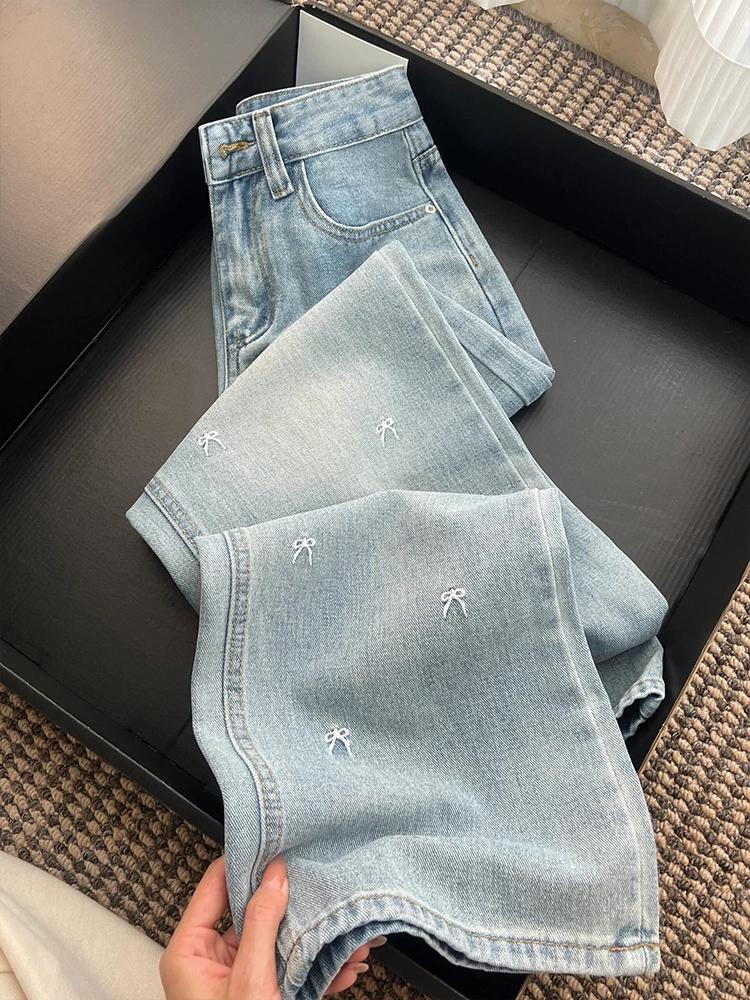 

Light Blue Bowknot Embroidered Straight-Leg Jeans for Women, Early Spring New Style, High-Waisted Slimming Wide-Leg Pants for Plus-Size Girls 2XL светло-синий