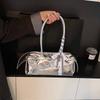 Bow Ribbon Silver PU Shoulder Bag High Quality Cylinder Underarm Bags French Stick Handbag  School