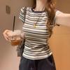 American Retro Striped Front Shoulder Short-sleeved T-shirt for Women's Summer Contrasting Color Design Age-reducing Slim-fitting Bottoming Top