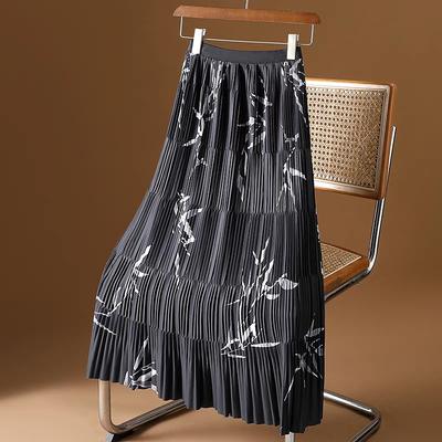 Bamboo Leaf Chinese Printed Jacquard Pleated Skirt for Women's Summer High Waist Slimming French Style High-end Mid Length Skirt
