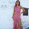 European and American style women's fashion diagonal collar ruffle edge floral printing dress waist temperament irregular long dress