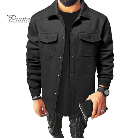 Simple Lapel Male Coat Men Autumn Winter Solid Color Shirt Long Sleeve Flap Relaxed Fit Jacket Pockets Single Breasted Loose Casual Tops Retro Texture