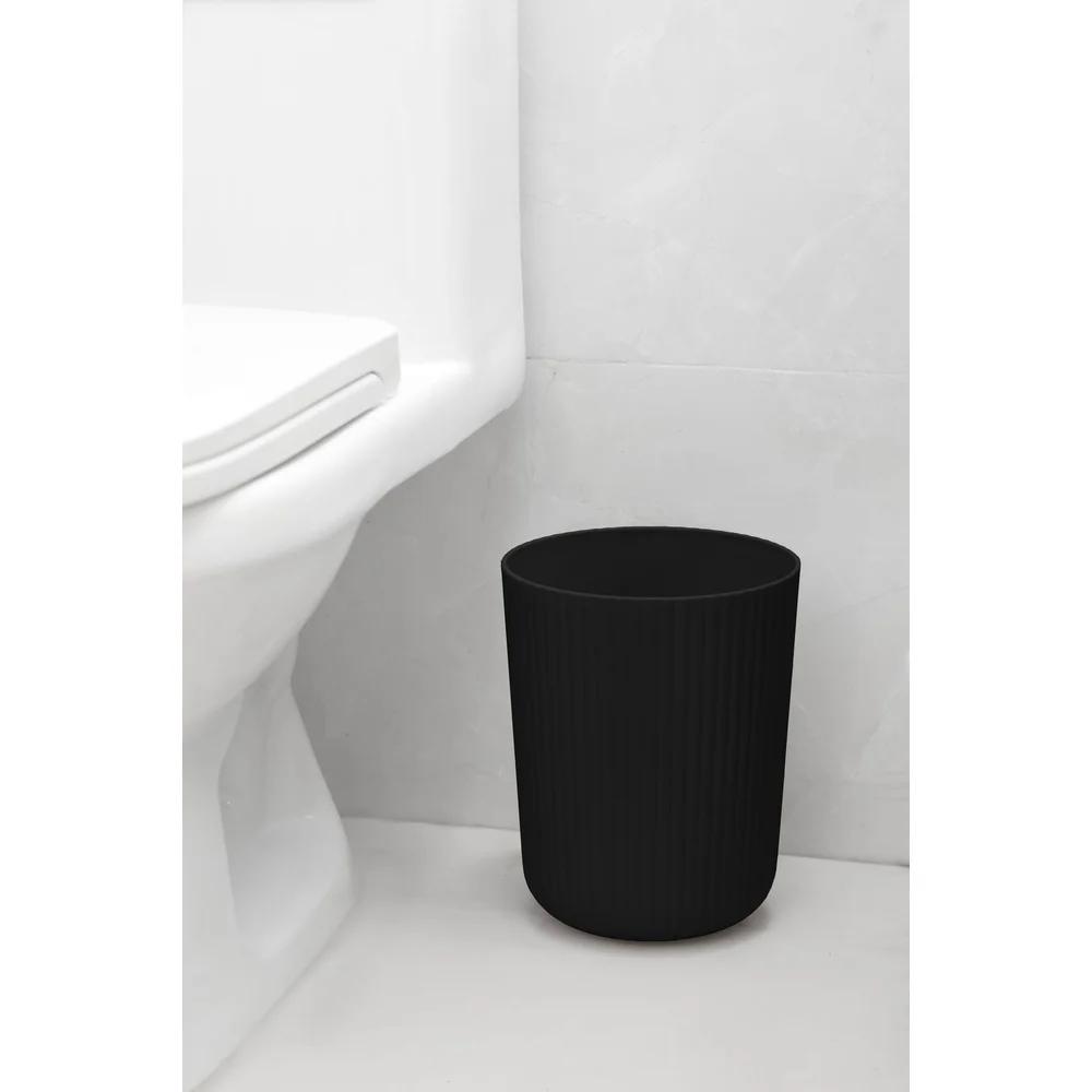 Rubberized Plastic Bathroom Accessories Set Ribbed Toothbrush Holder Wastebasket Soap Pump Organizer Tray 4-Piece Black Decor