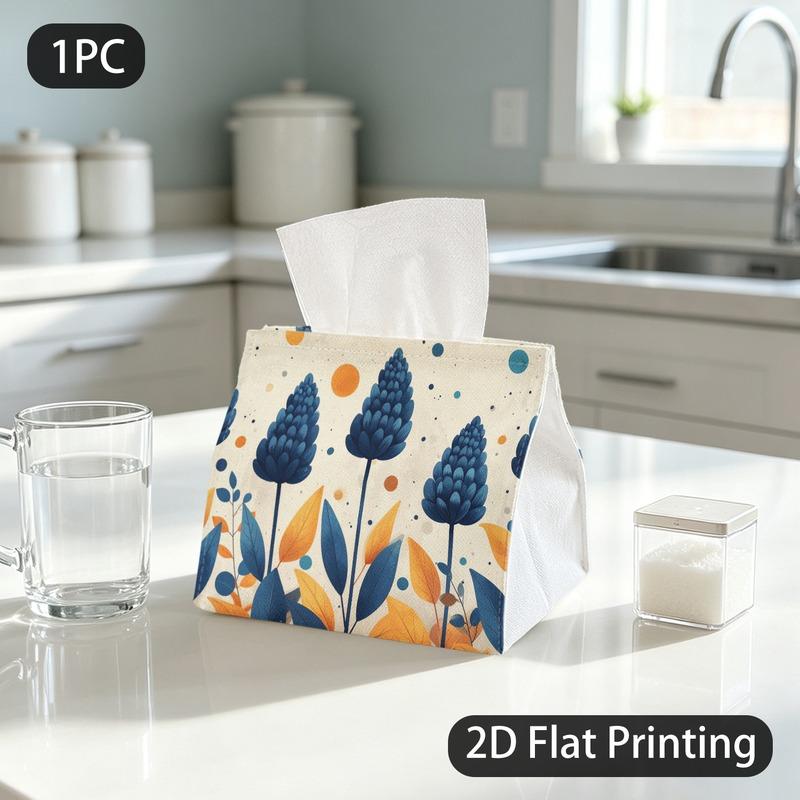 1pc Tissue Box, Modern Organic/ Blue Orange Florals/ Calm Warm Mood Pattern, 2D Flat Printing, Made From Tough Polyester, Can Be Folded, Tissue Holder