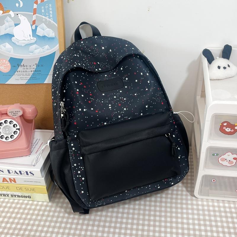 Star Print Backpack with Front Pocket and Side Drawstring Pockets for School and Casual Use