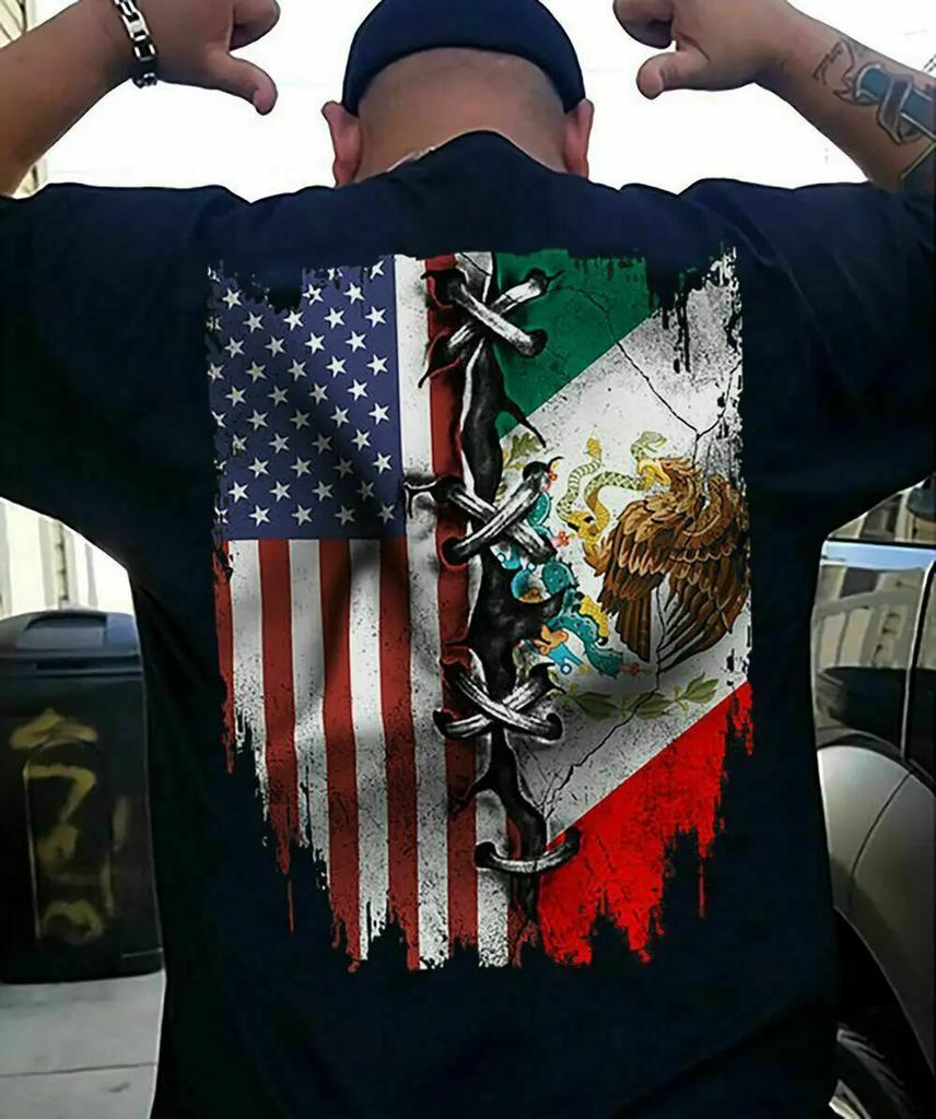 Backside Mixed Mexican American Flag T-Shirt 100% Cotton O-Neck Summer Short Sleeve Casual Mens T-shirt Size S-3XL