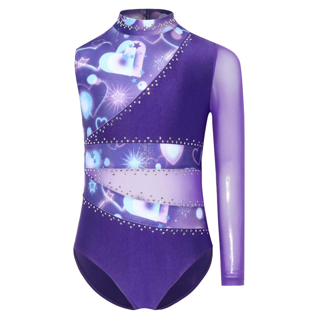 Girls Gymnastic Leotard Sparkly Rhinestones Patchwork Asymmetric Sleeve Design Back Hole Out Crotch Press Buttons Dance Unitard Competition Bodysuit
