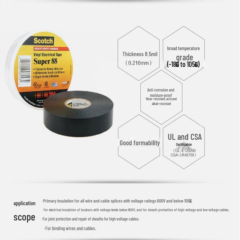 3M Scotch Super 88 Elektrikertejp PVC Vattentät Isolerande Tejp Högtemperatur