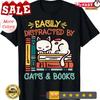 Funny Cats And Books Easily Distracted By T Shirt Vintage Washed Fashion Stretched Unisex Breathable Graphic