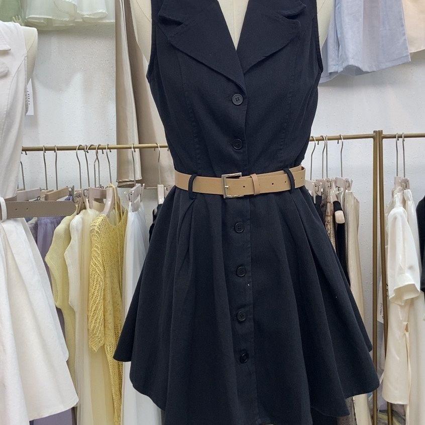 Real Price Fashionable Summer Casual New Temperament Lapel Waist Single-breasted Thin Sleeveless Short Dress Dress