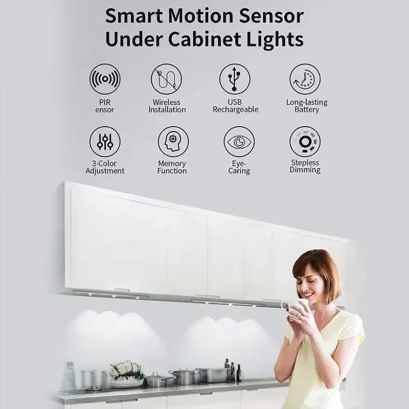 Kabelloses LED-Licht mit Bewegungssensor, ultradünne USB-wiederaufladbare Nachtlampe mit 3 Farben für Küchenschrank, Kleiderschrank, Schlafzimmer