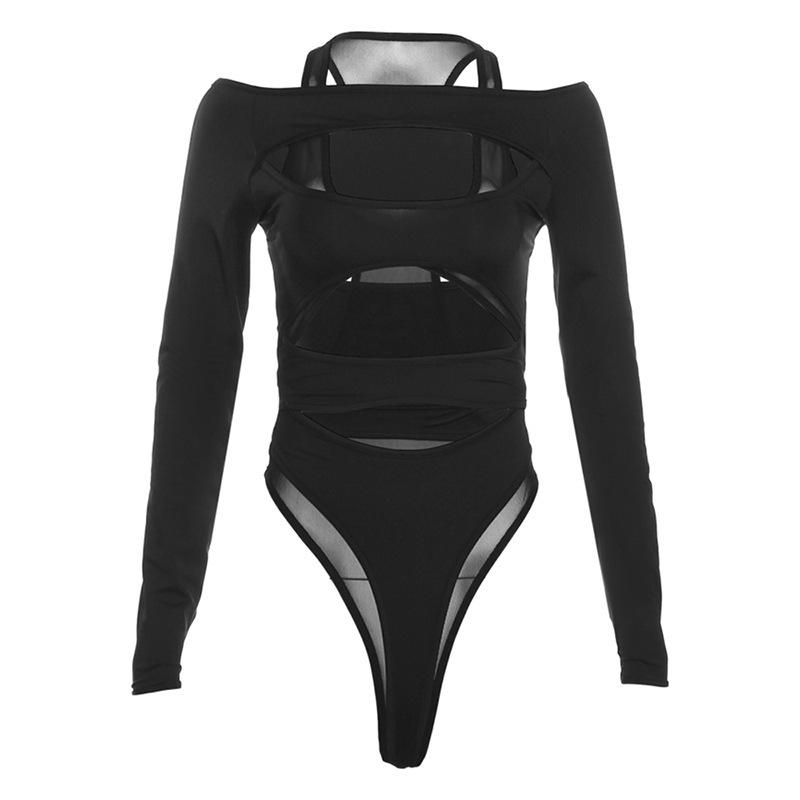 2026 European Fashion: Women s Sexy Mesh Splicing High Waist Backless Jumpsuit Medium чёрный