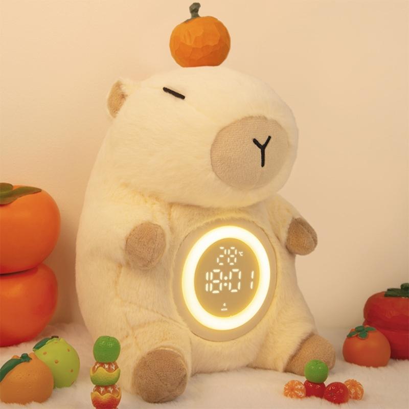 Kinder Plüsch Wecker mit Capybara-Thema und einstellbarer Helligkeit Nachtlicht 2 Alarme Schlummerfunktion USB-wiederaufladbar
