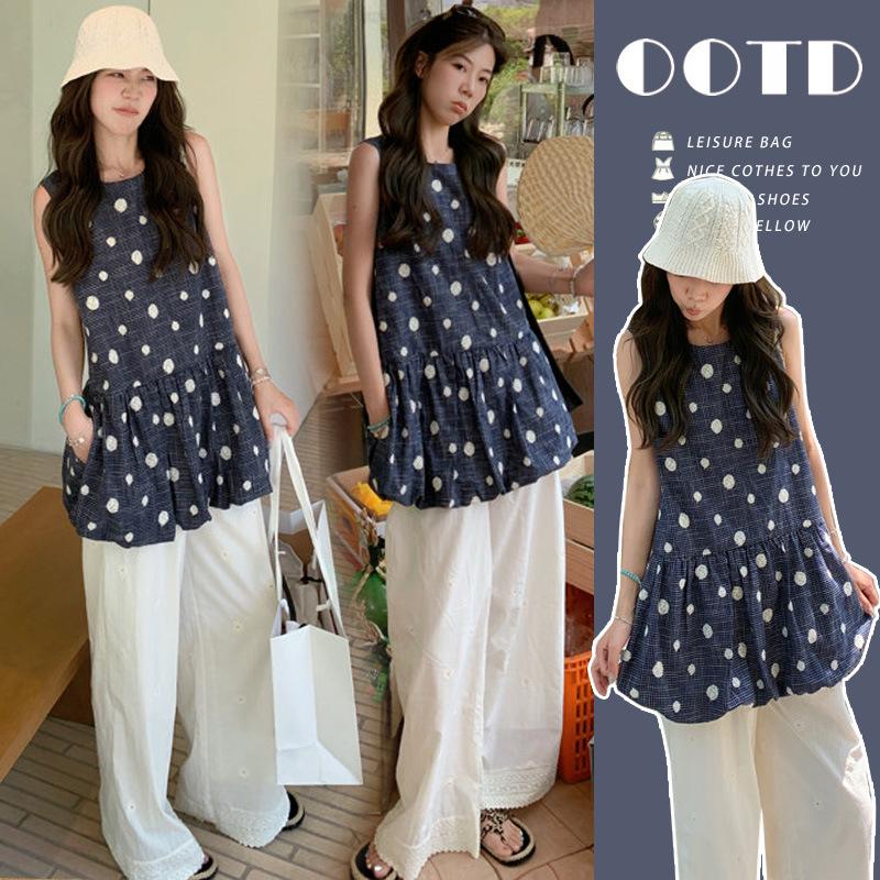 

2026 Summer Retro Polka Dot Tulip Sleeve Top & Maternity Wide Leg Pants Set 2XL