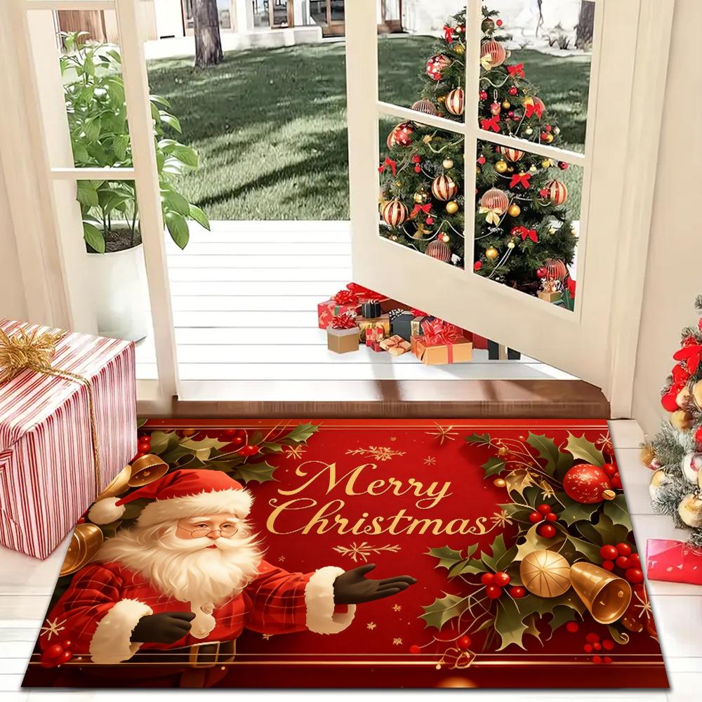 Christmas Doormat Non‑Slip Front Door Rug Washable Indoor Outdoor Xmas Santa Holly Berry Winter Entrance Decor Mat