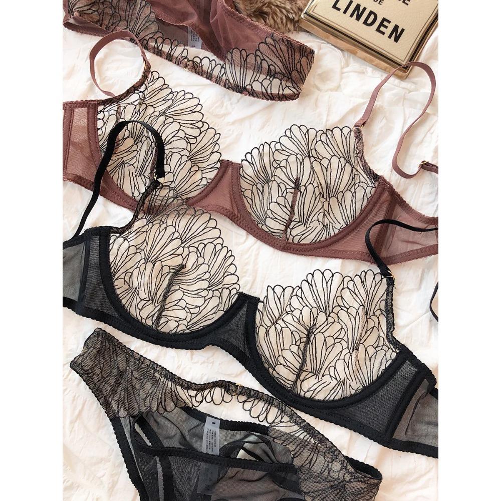 Summer Lace Ultra Thin Women Underwear French High Quality Feather Push Up Bra Set Sexy Brassiere and Hollow Panties Sets Ladies