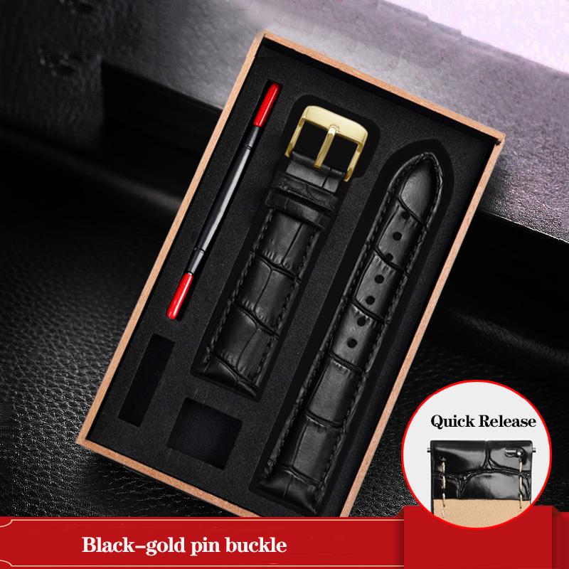 Leather Watchband Black Blue Cowhide Strap Butterfly Buckle Fits All Brands of Watches Men Women 12/14/15/16/18/19/20/22/23mm
