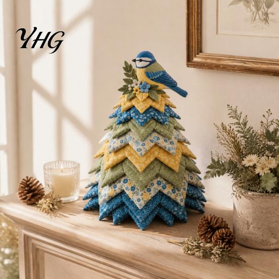 Home Decor Sewing Crafts Bird Christmas Tree Patchwork Kit, DIY Quilted Fabric Craft Unique Gift for Crafters Floral Handmade Centerpiece Holiday