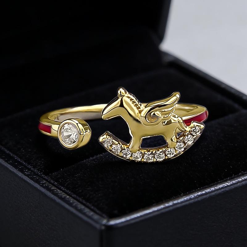 Luoxi Temple Jewelry S925 Sterling Silver Zodiac Horse Ring with Diamond Inlay